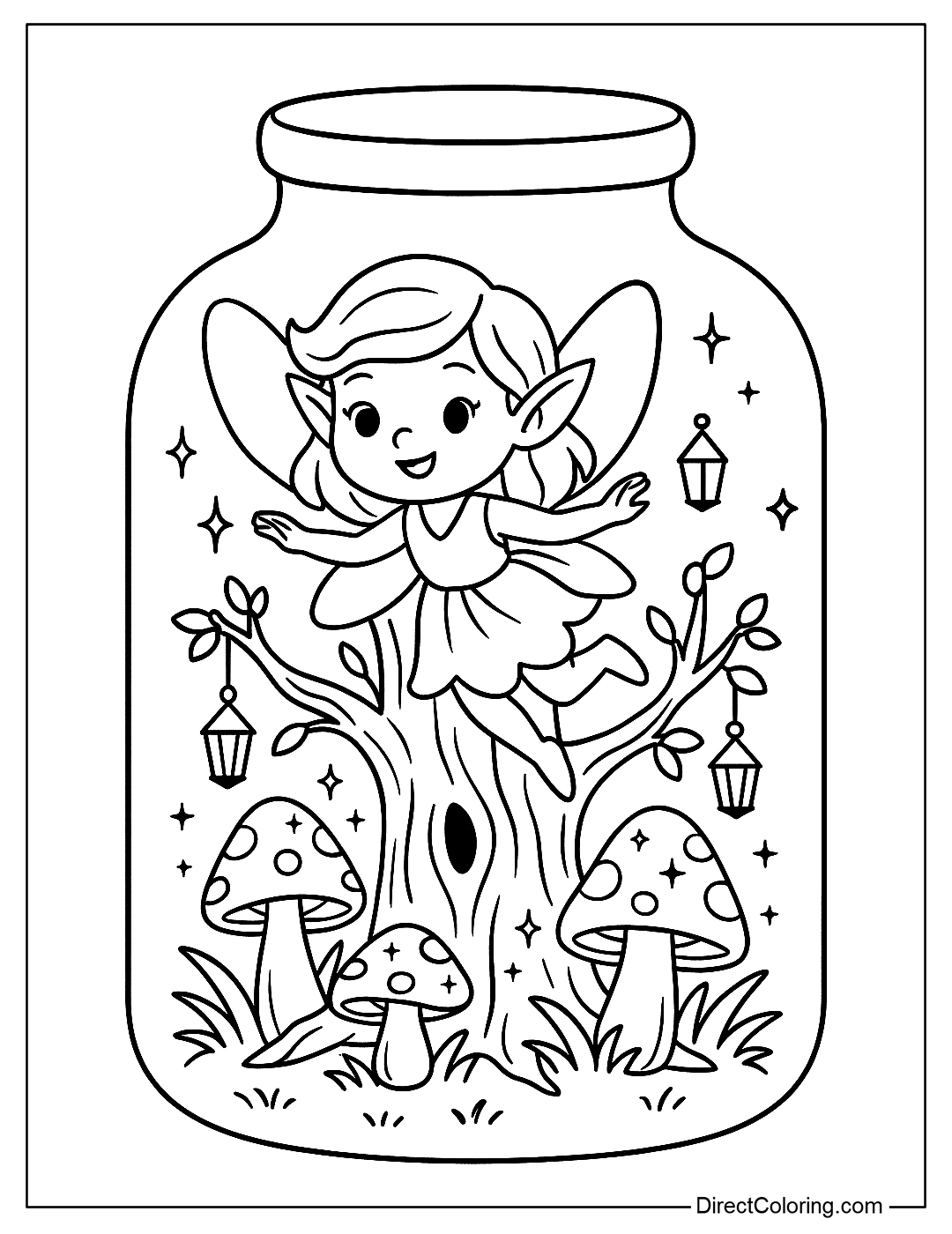 A tiny fairy flying around in a jar, with an old tree, glowing mushrooms, and small lanterns